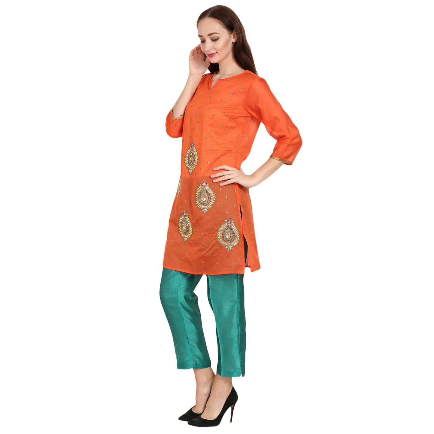 Rasagya Chanderi Cotton Kurti in Tangerine Orange