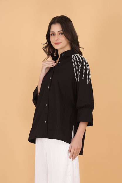 Noir Black Embellished Cotton Shirt