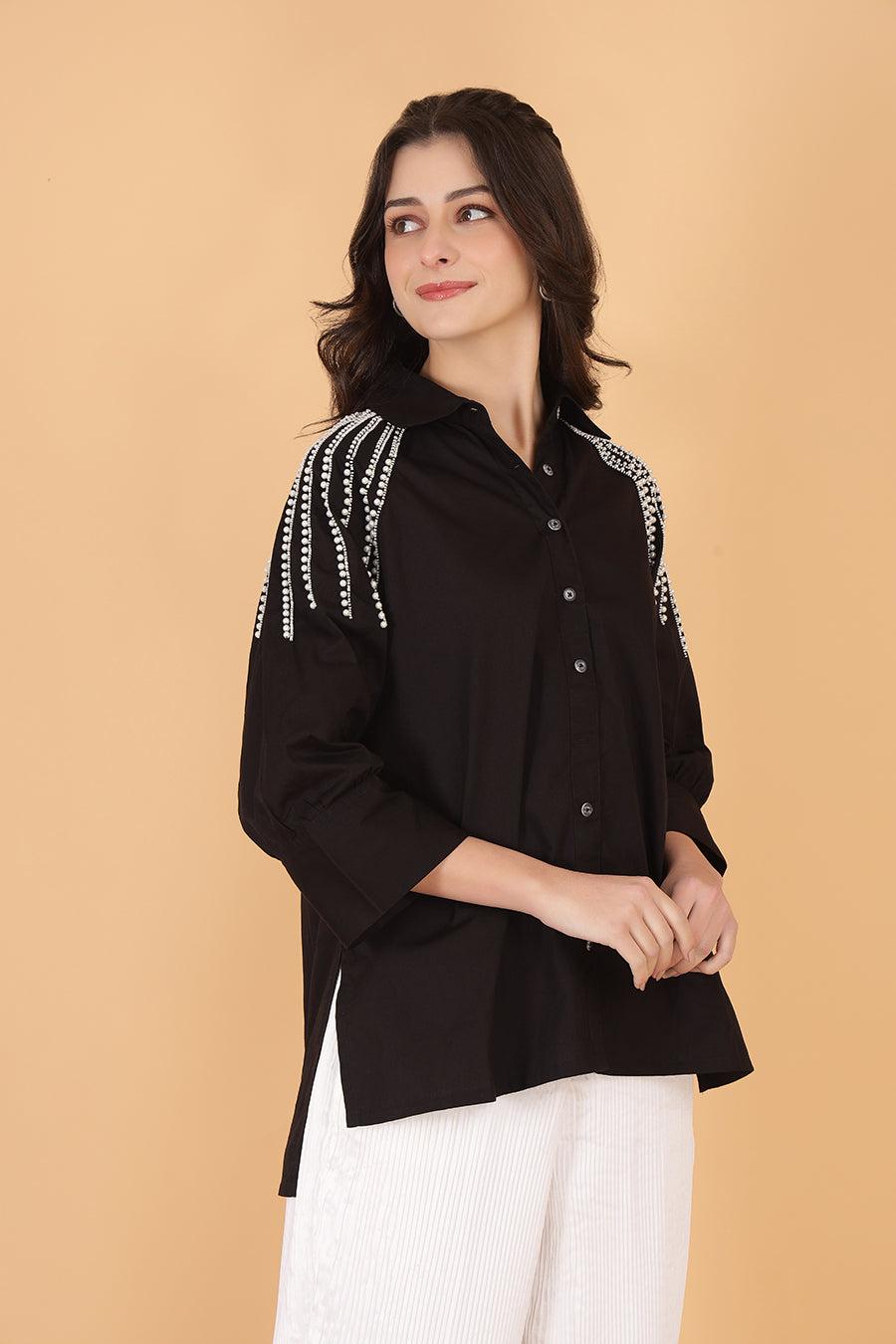 Noir Black Embellished Cotton Shirt