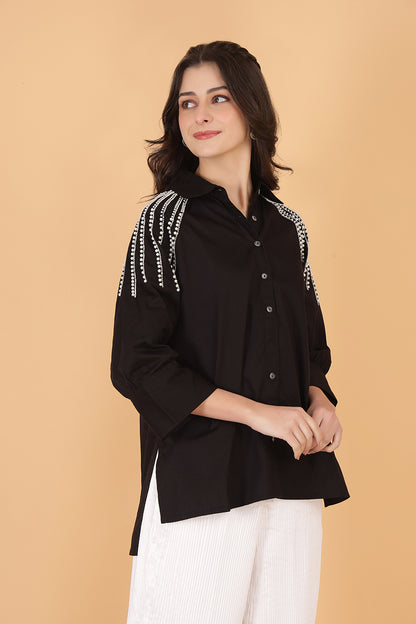 Noir Black Embellished Cotton Shirt