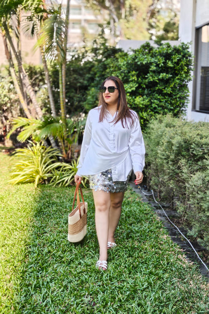 White Satin Draped Shirt