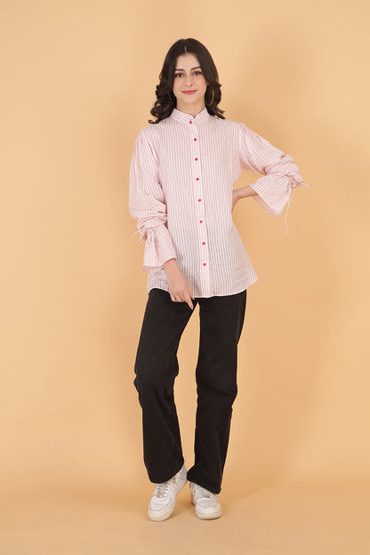 Cotton Candy pink women’s shirt in mul cotton with drawstring ruched sleeves