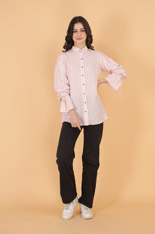 Cotton Candy pink women’s shirt in mul cotton with drawstring ruched sleeves