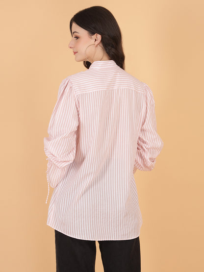 Casual cotton candy shirt styled with black trousers, showcase ruched sleeve feature