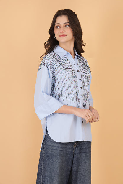 Stylish button-down shirt for women with sparkly embellishments and loose fit