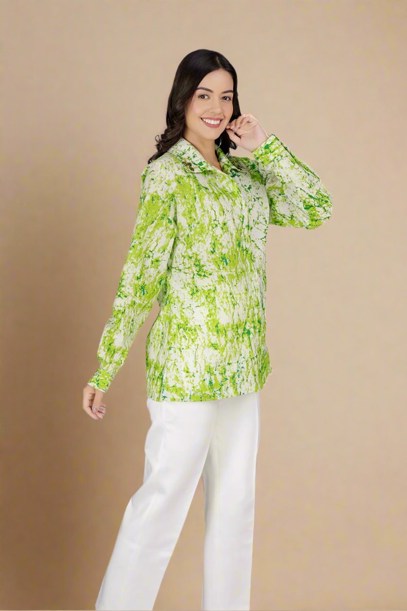 Women wearing pure cotton shirt with shibori print. Trendy womens tops 