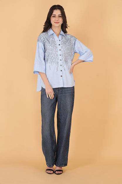 Light blue embellished women’s shirt with sequin detailing and 3/4 sleeves