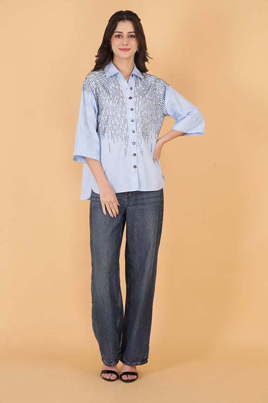 Light blue embellished women’s shirt with sequin detailing and 3/4 sleeves