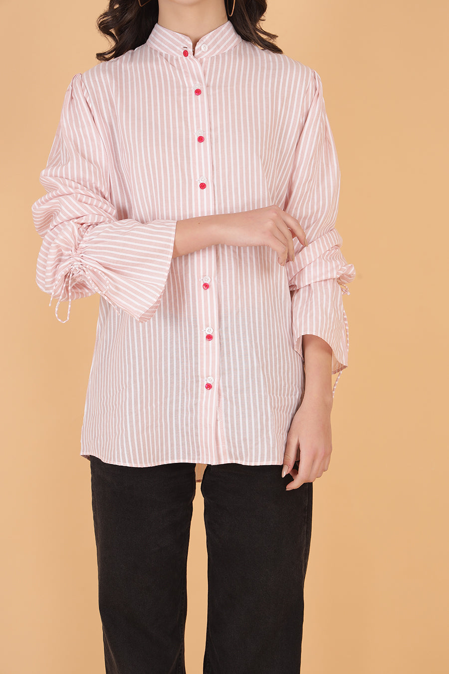 Soft pastel pink cotton shirt for women, contrast buttons and adjustable sleeve detail