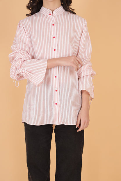 Soft pastel pink cotton shirt for women, contrast buttons and adjustable sleeve detail