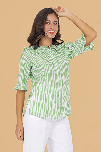 Elegant green stripe cotton blouse with ruffle details