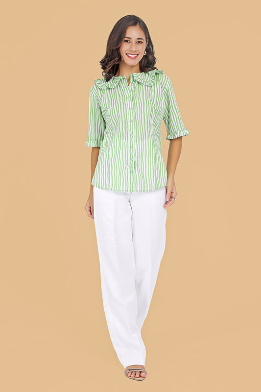 Serene Stripe Green Cotton Shirt with Peter Pan Collar by Rasagya