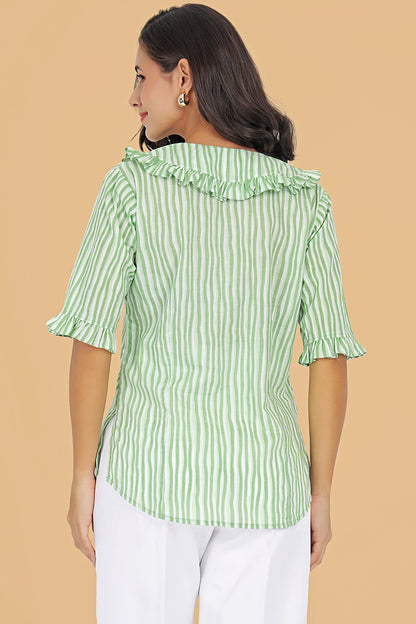 Hand block printed green striped women’s cotton shirt