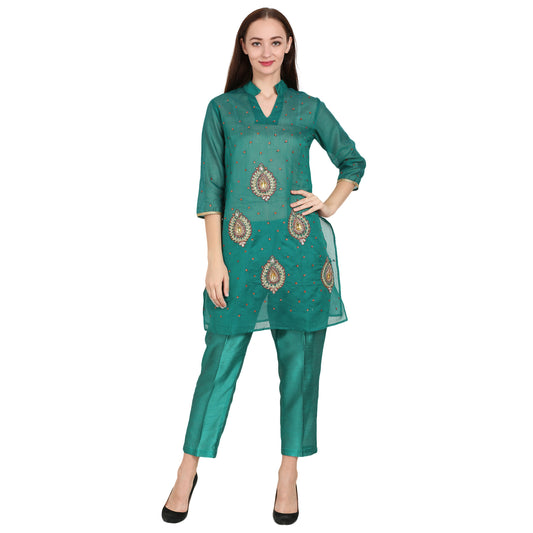 Rasagya Chanderi Cotton Kurti in Forest Green