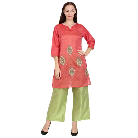 Rasagya Chanderi Cotton Kurti in Coral Pink