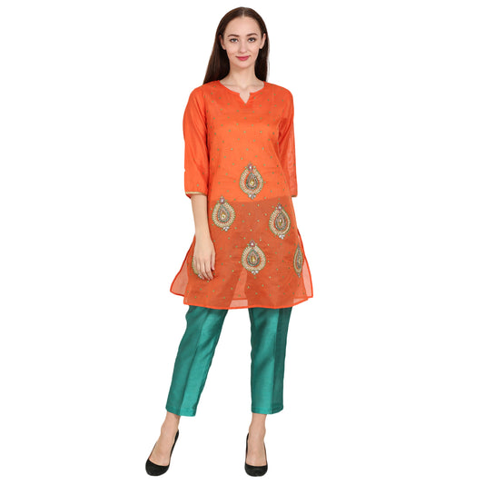 Rasagya Chanderi Cotton Kurti in Tangerine Orange