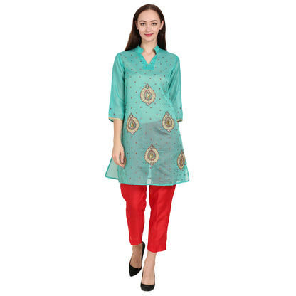 Rasagya Chanderi Cotton Kurti in Sea Blue
