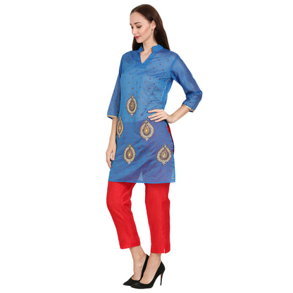 Rasagya Chanderi Cotton Kurti in Indigo Blue